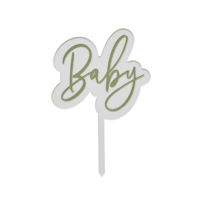 acryl taart topper met de saliegroene tekst baby
