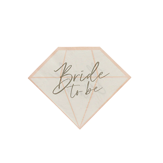 servetten in de vorm van een diamand in het wit met perzikkleur en gouden tekst bride to be
