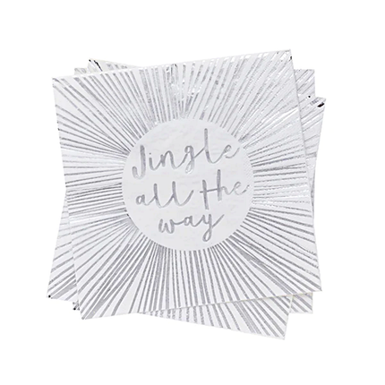 Witte servetten met zilveren strepen en de tekst jingle all the way