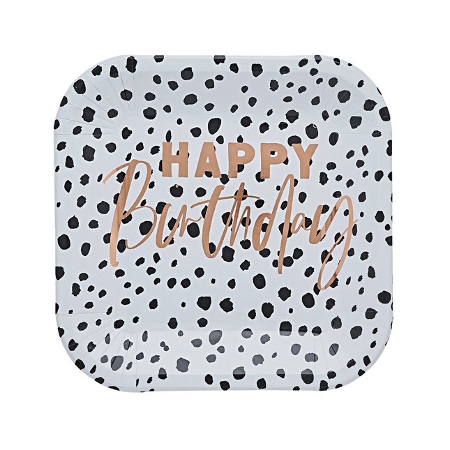 Witte vierkante bordjes met zwarte stippen en rose gouden tekst happy birthday