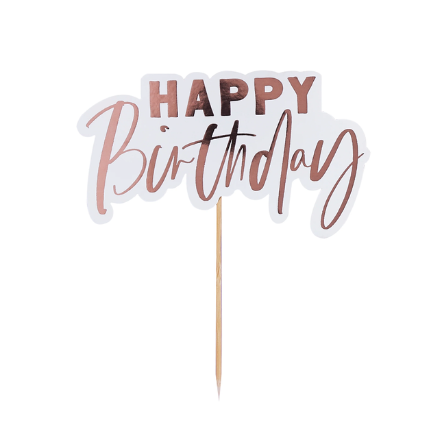 taart topper met happy birthday in rose goud
