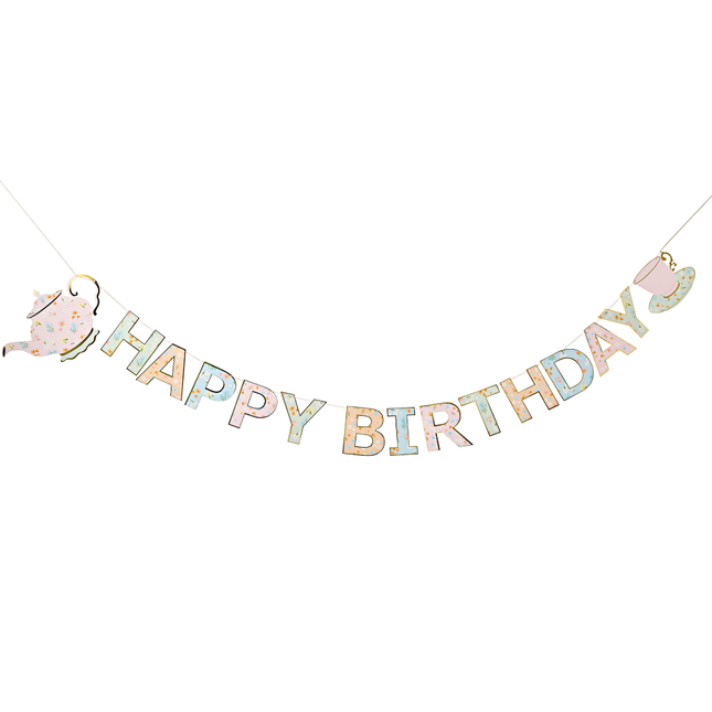 letterbanner happy birthday pastel bloemen en theekopjes