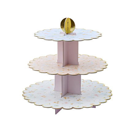 hapjes standaard met 3 lagen met pastel bloemen