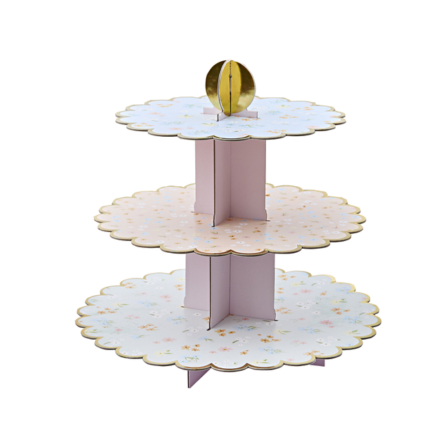 hapjes standaard met 3 lagen met pastel bloemen