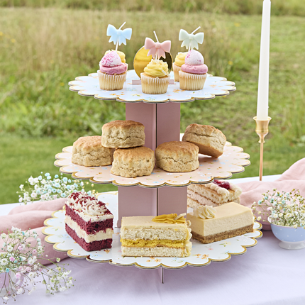 hapjes standaard met 3 lagen met pastel bloemen