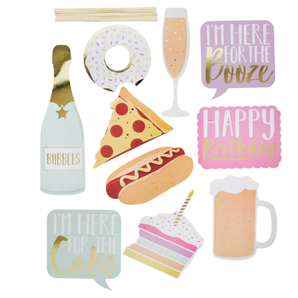 foody photo booth props met een pizzapunt, donut en taart