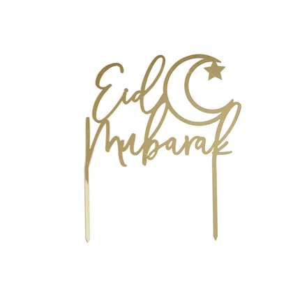 Gouden taart topper met de tekst eid mubarak en een halve maan en ster