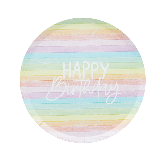 Regenboog bordjes in pasteltinten met witte tekst happy birthday