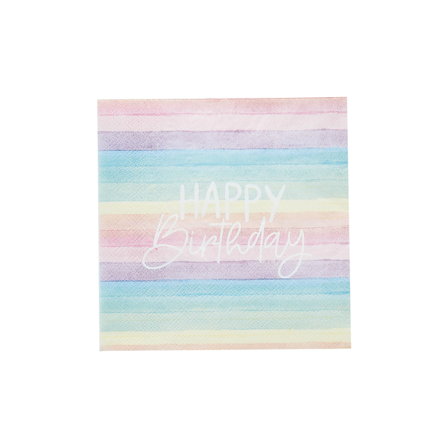 Regenboog servet in pasteltinten met witte tekst happy birthday
