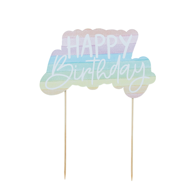Taart topper met de tekst happy birthday in pasteltinten