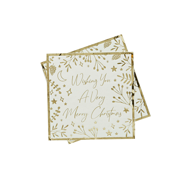 Servet in het wit en goud met de tekst wishing you a very merry christmas