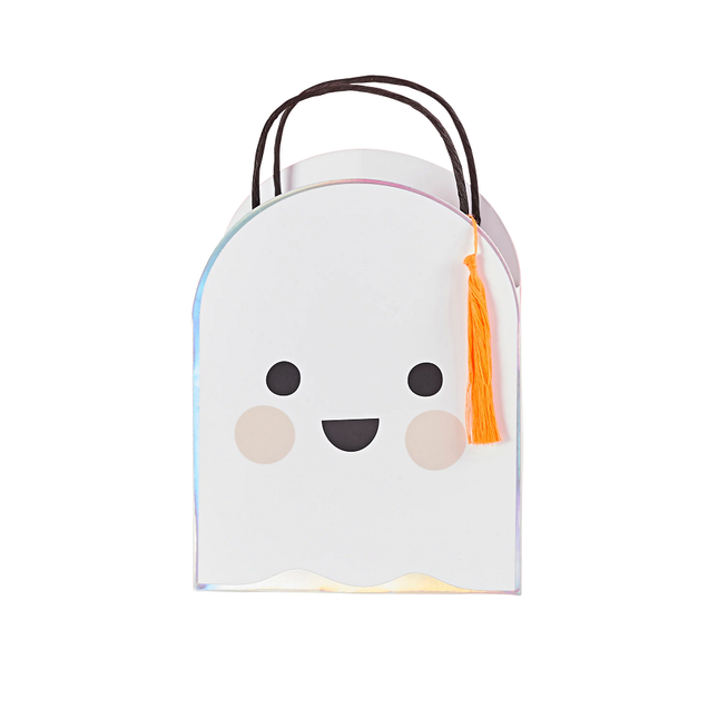 Cadeautas in de vorm van een spookje die lacht met een oranje tassel