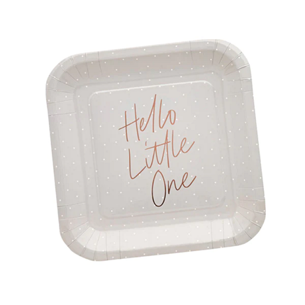 Grijze vierkante bordjes met witte stippen en rose gouden tekst hello little one