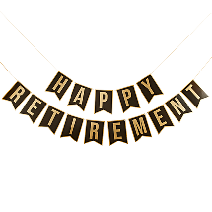 gouden en zwarte slinger met de tekst happy retirement