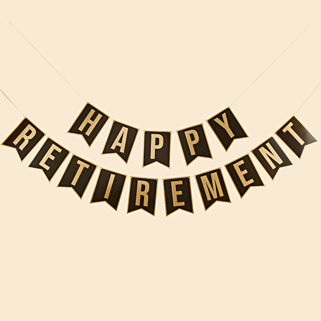gouden en zwarte slinger met de tekst happy retirement