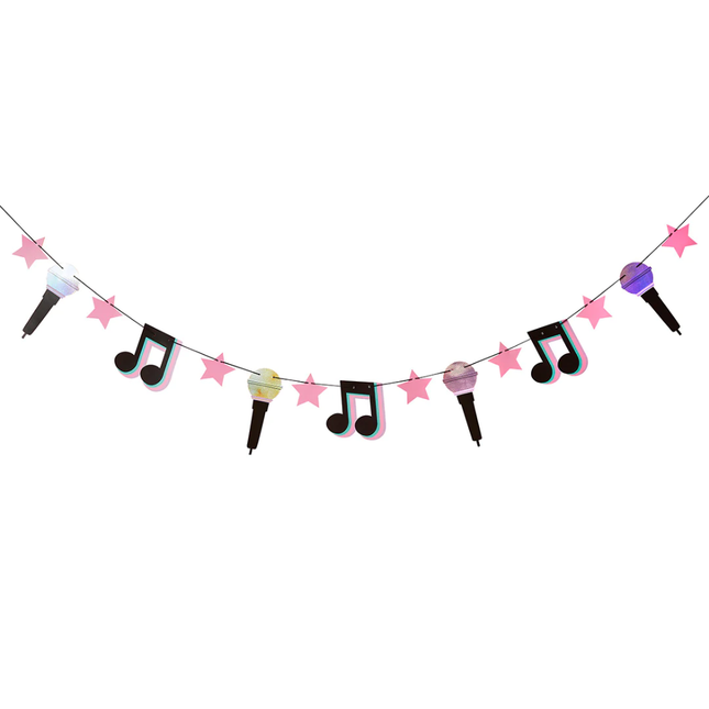 slinger met muzieknootjes, microfoontjes en roze sterren