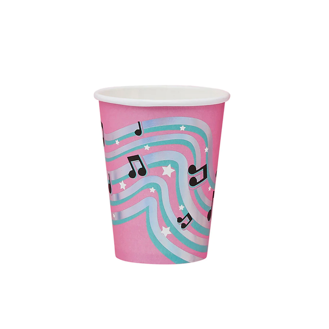 roze beker met muzieknoten en sterren en mintgroene en iridescent strepen
