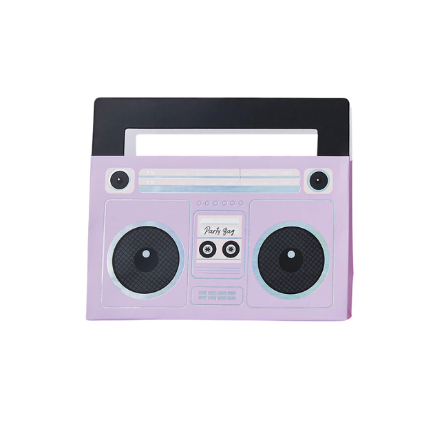 paarse boombox met iridescent, zwarte en roze details