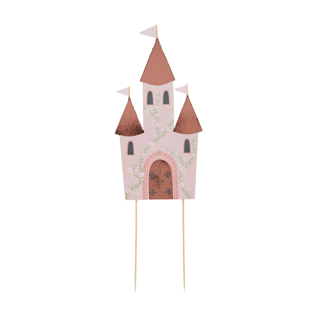 Taart topper in de vorm van een kasteel met roze muren en rosé gouden torens