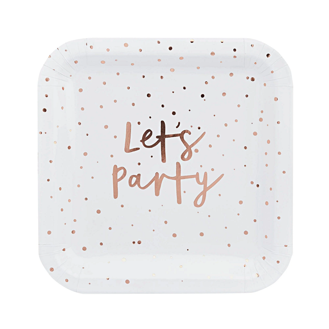 wit vierkant bordje met rose gouden stippen en de tekst lets party