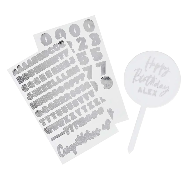 transparante taart topper met zilveren stickervellen