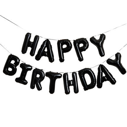 zwarte ballonslinger met de tekst happy birthday