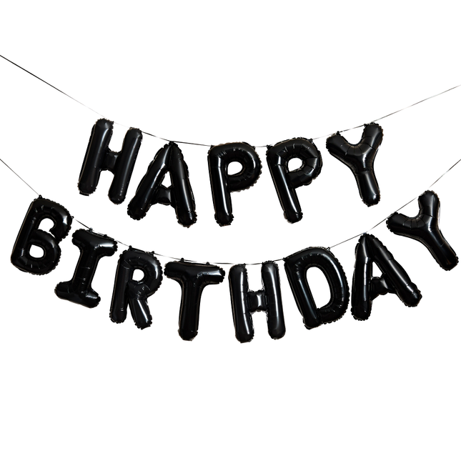 zwarte ballonslinger met de tekst happy birthday