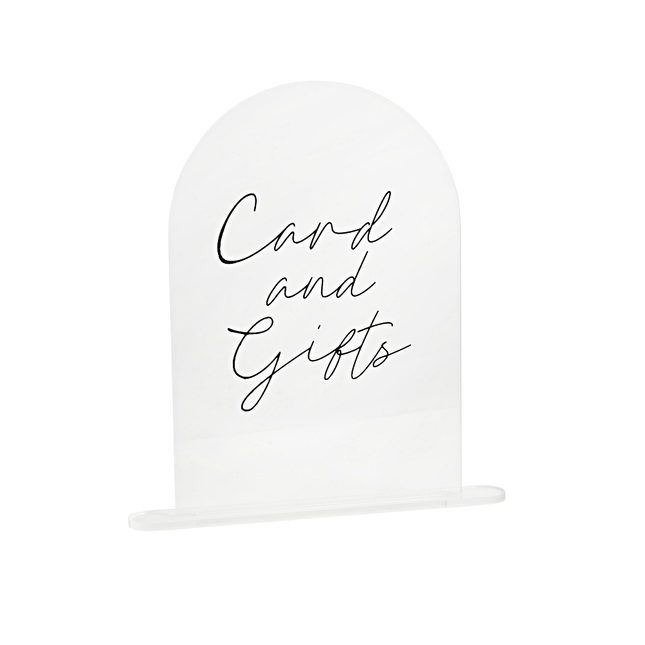 acryl bord met de zwarte tekst card and gifts