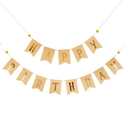 slinger met gele vlaggetjes en de gouden tekst happy birthday met witte stippen