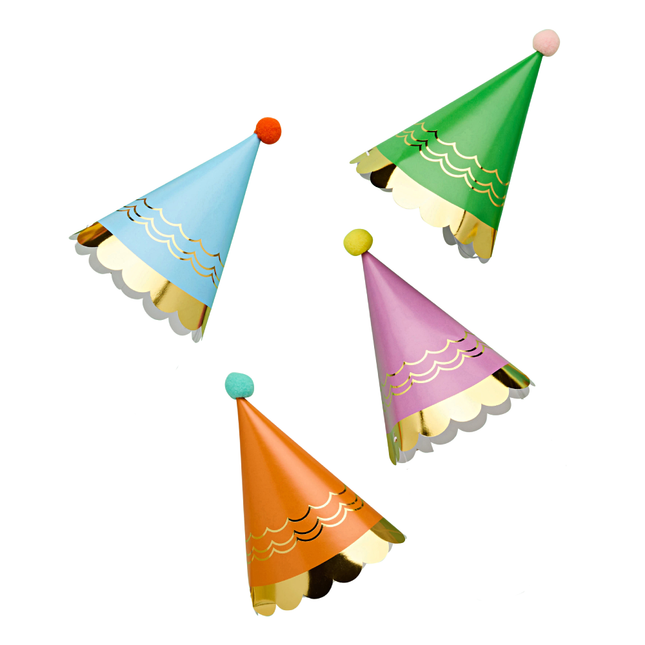 multicolor feesthoedjes met pom poms en gouden rand
