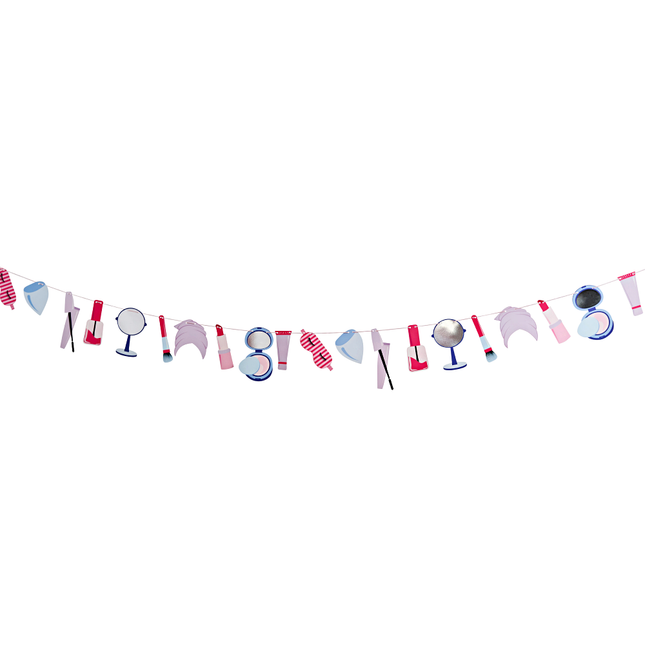 slinger pamper party met verschillende figuurtjes bestaande uit een oogmasker, lippenstift en een poederdoosje