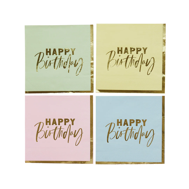 Servetten in pastelkleuren groen, geel, roze en blauw met een gouden rand en de tekst happy birthday