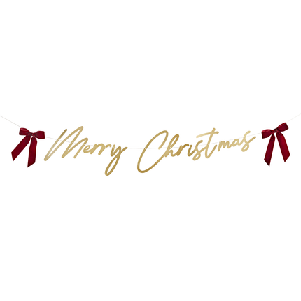 gouden merry christmas slinger met rode strikjes