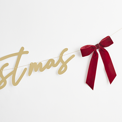 gouden merry christmas slinger met rode strikjes