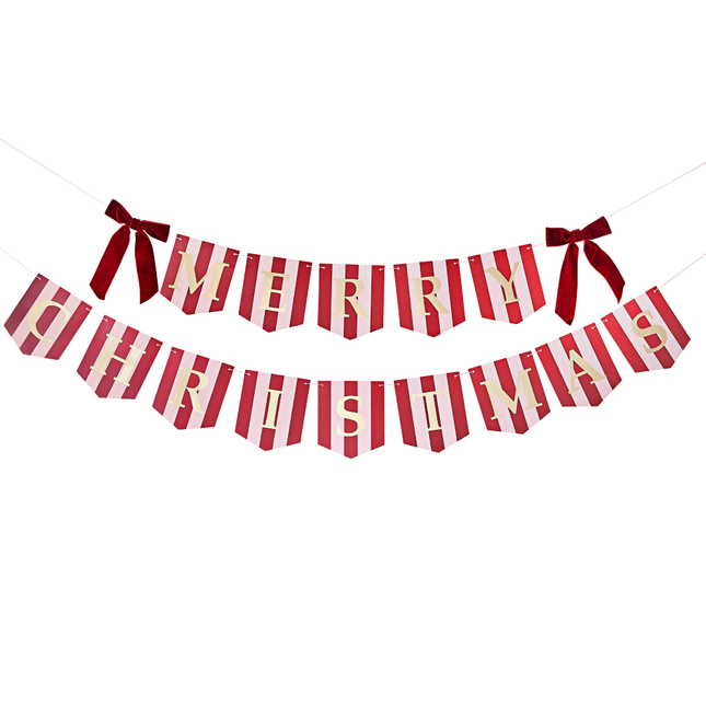 rood en roze gestreepte slinger met gouden tekst merry christmas en rode velvet strikjes