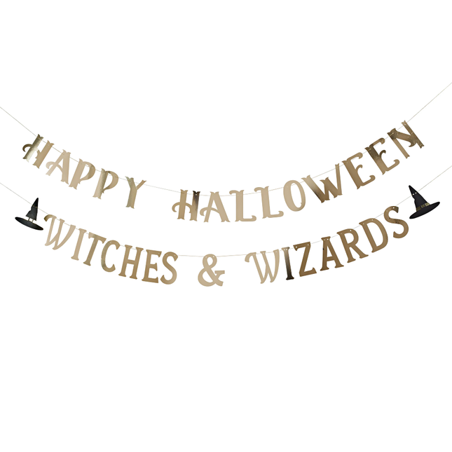 Slinger met gouden tekst happy halloween witches & wizards met een heksenhoed