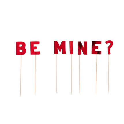 Rode taarttopper met metallic effect met de tekst be mine?