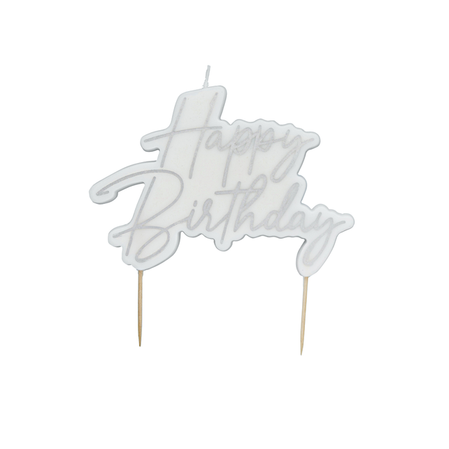 Kaars in het wit met zilveren tekst happy birthday