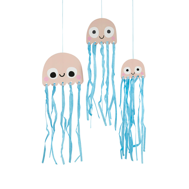 hangende papieren kwallen in het roze met blauwe tassels en schattige gezichtjes