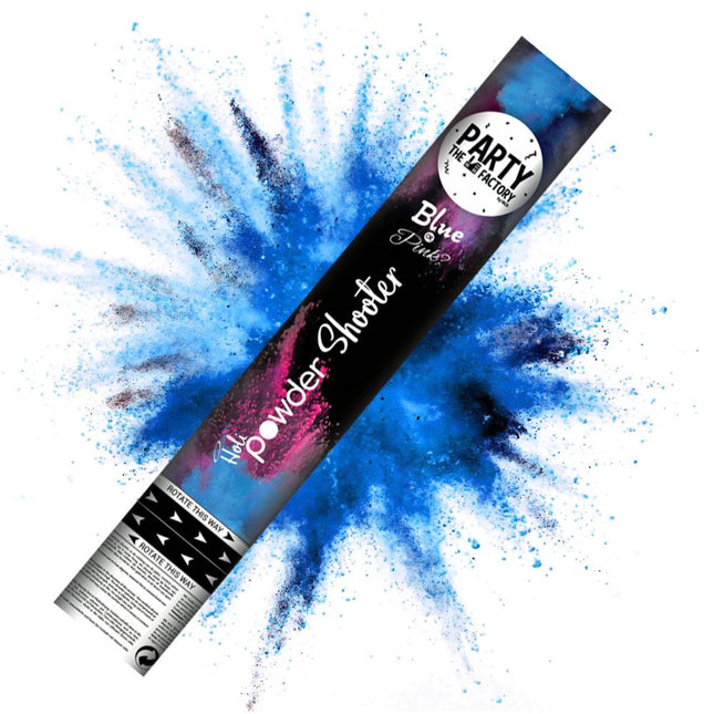 confetti shooter op een achtergrond van blauw poeder