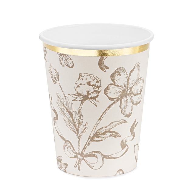 bekers met beige bloemen en een gouden rand