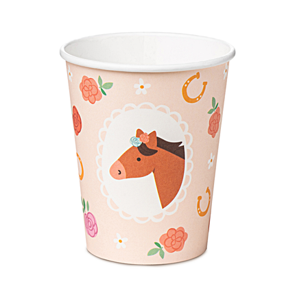 papieren beker met een paard, hoefijzers en bloemen