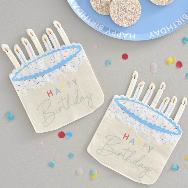 Servetten in de vorm van een taart kleurlijk met happy birthday