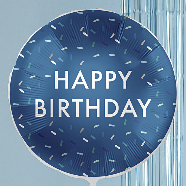 donkerblauwe folieballon met confetti en de witte tekst happy birthday