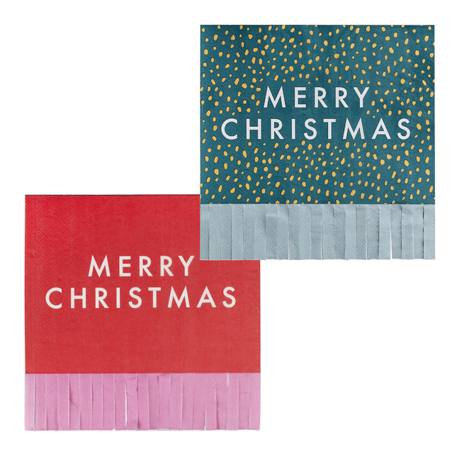 Servetten met franjes in het rood en groen met oranje stippen en de witte tekst merry christmas