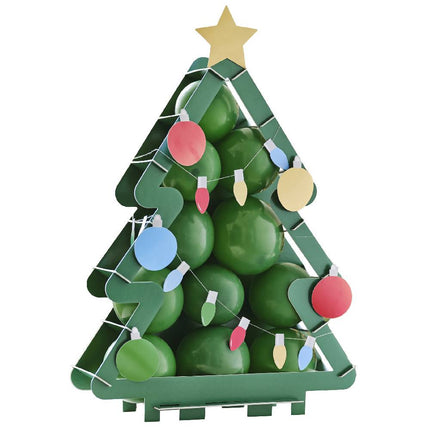 Ballonnenstandaard in de vorm van een kerstboom gevuld met groene ballonnen
