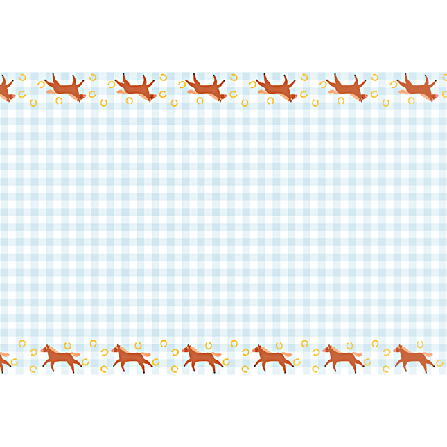 blauw met wit geblokt kleed met paarden erop