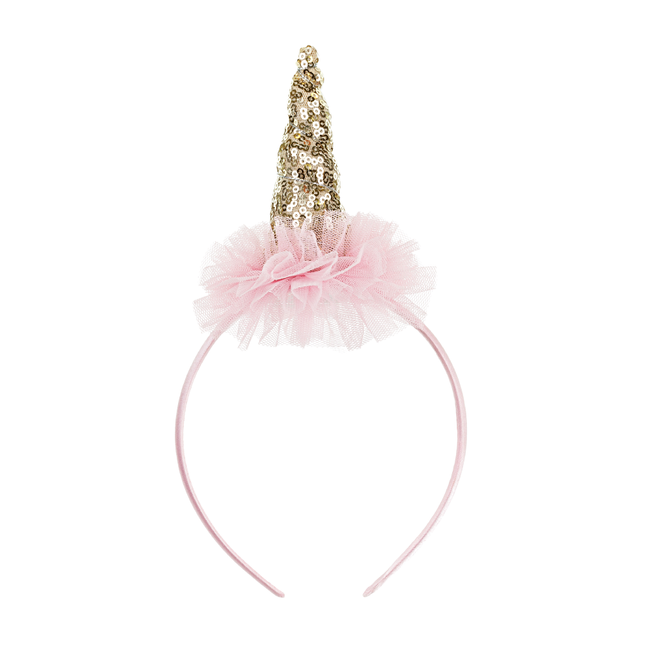 eenhoorn haarband met gouden pailletten en roze tule