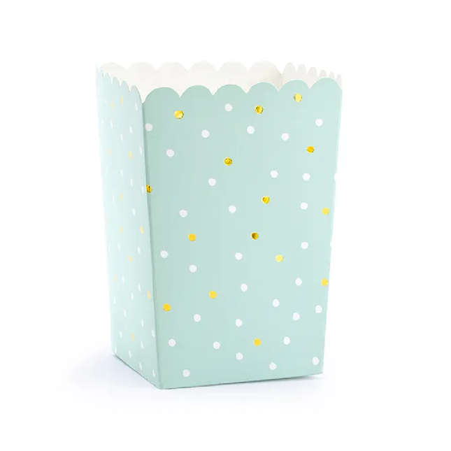Popcornbakjes in het mintgroen met witte en gouden stippen