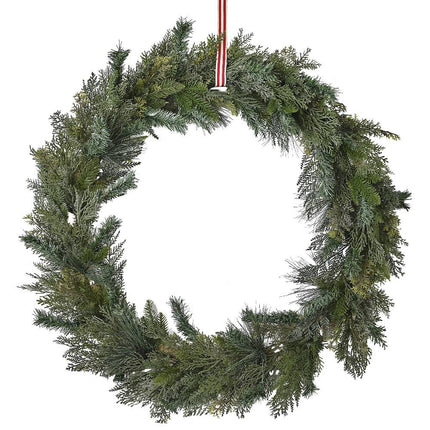 Kerstkrans aan een rood met wit lint
